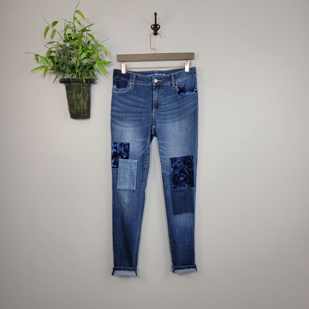 Chico's 00 2 Platinum Skinny Jeans Jeggings Velvet Patch Medium Blue Mid Rise - Picture 3 of 12